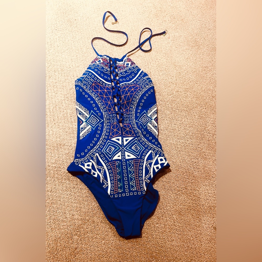 Trina Turk Blue Geometric One-Piece Swimsuit. Size 6. Never worn. NWOT